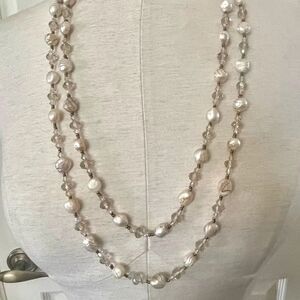 Pearl crystal bead extra long necklace